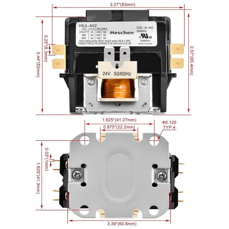 Heschen HVAC Motor Contactor, 50/60Hz, for Air Conditioner, Heat Pump, Refrigeration Systems, UL Listed (HSJL-40/2 2P 40A 24VAC) - Image 3